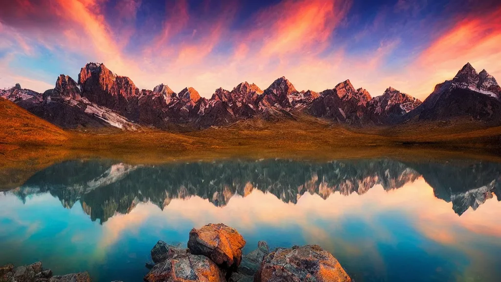 Image similar to amazing landscape photo of mountains with lake in sunset by marc adamus, beautiful dramatic lighting