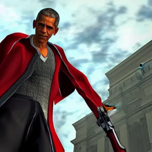 Prompt: Barak Obama as a character in Devil May Cry, film still, photorealistic, medium shot