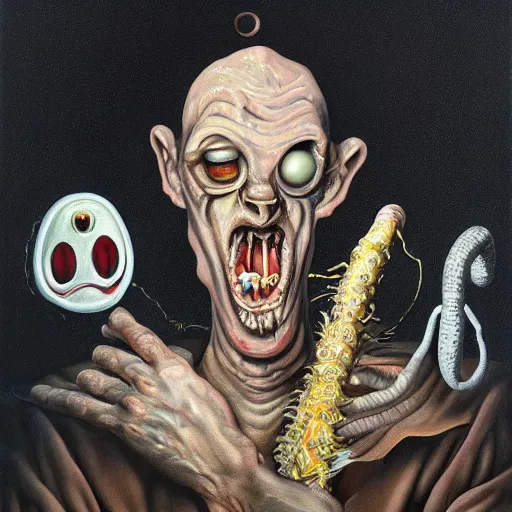 Image similar to oil painting with black background by christian rex van minnen robert williams todd schorr of a portrait of an extremely bizarre disturbing mutated man with acne intense chiaroscuro lighting perfect composition masterpiece