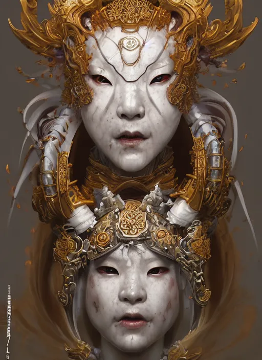 Image similar to subsurface scattering, white, koi, female samurai deity with filigree ivory armor, by jesper ejsing, james jean, justin gerard, tomasz alen kopera, cgsociety and fenghua zhong, highly detailed, rim light, cinematic lighting, illustration, art, octane render, very coherent, cinematic, hyper realism, high detail, 8 k