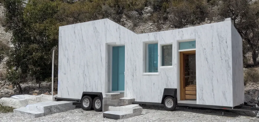 Image similar to greek tiny house on trailer made of marble designed by iktinos and callicrates.
