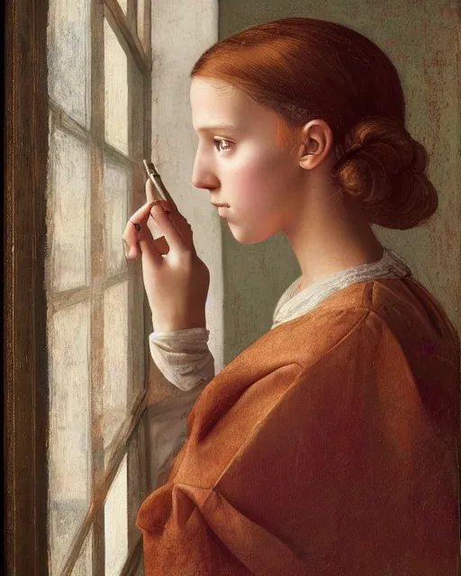 Prompt: a window - lit realistic portrait painting of a thoughtful girl resembling a young, shy, redheaded alicia vikander or millie bobby brown as an ornately dressed princess from the latest star wars movie, highly detailed, intricate, by leonardo davinci and boticelli