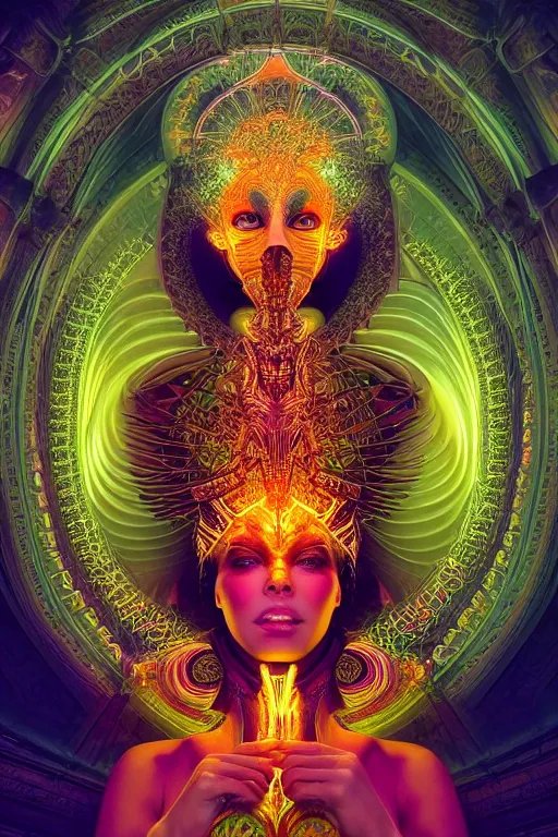 Image similar to a centered render of an alluring goddess wearing a psychedelic bio - mech mask is surrounded by a glorious sacred energy made from geometry and spiral mandel bulb fractals in a magnificent cathedral, powerful, cinematic, beautifully lit, by artgerm, by karol bak, 3 d, trending on artstation, octane render, 8 k