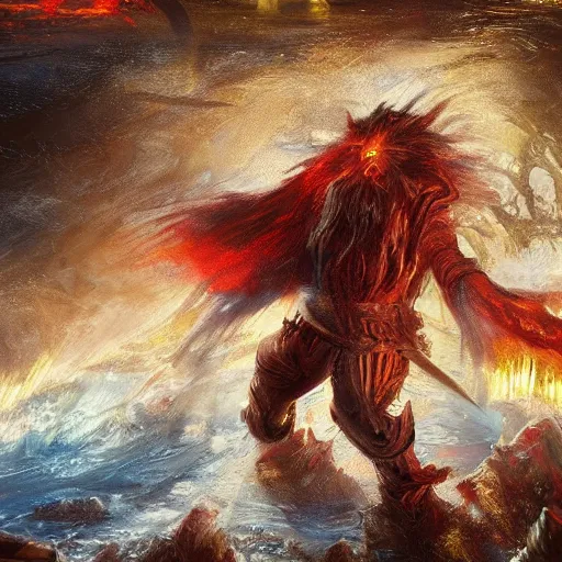 Image similar to Highly detailed oil painting, concept art, of a wizard casting a fireball spell, fighting against a huge ice giant, red and blue color scheme, concept art, highly detailed.