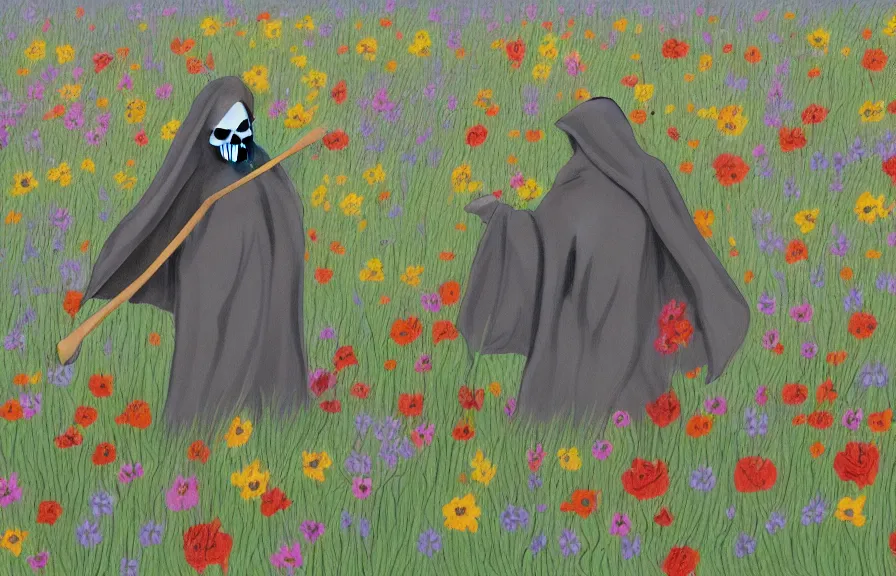 Prompt: grim reaper in a meadow of flowers, gray stormy wather, children drawing