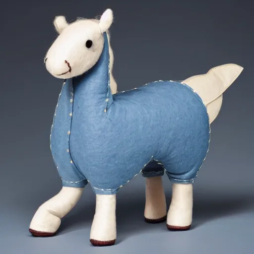 Prompt: a felt plush horse in dusty blue with ornate detailed embroidery decoration