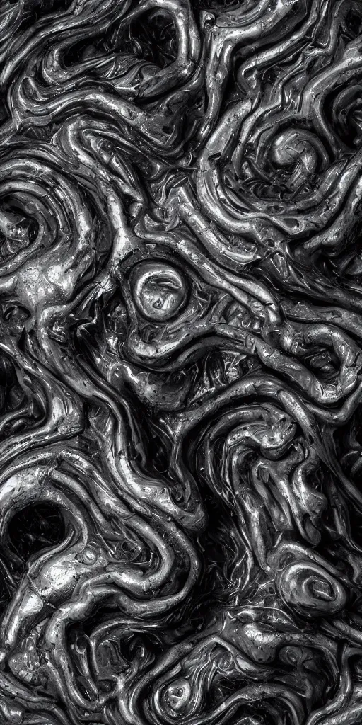 Prompt: a photorealistic render of a neotribal melted chrometype on a black background, greyscale, made of melted plastic and marble, maya, by zhelong xu and ernst haeckel, wide angle, hyper realistic, volumetric lightning, octane render