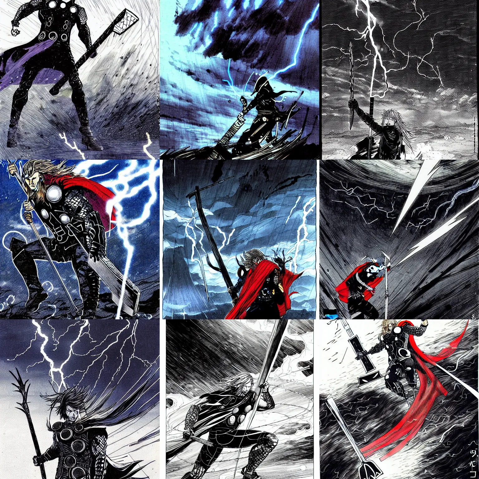 Prompt: thor catches lightning and holds an ax in an epic battle with storm clouds by tsutomu nihei