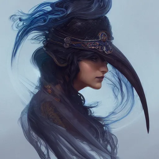 Prompt: portrait of a raven-haired female sorceress, elegant, intricate, headshot, D&D, fantasy, highly detailed, digital painting, artstation, concept art, sharp focus, illustration, art by artgerm and greg rutkowski and alphonse mucha