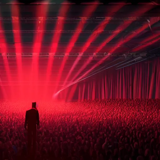 Image similar to a lone singer on stage, with spotlight beam, huge crowd in audience, facing stage, zoom lens, ultra realistic, artstation, red curtains, dramatic lighting, album