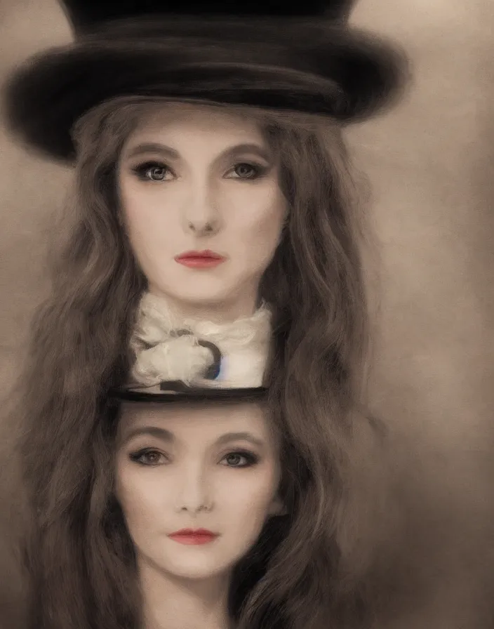 Image similar to Close up portrait of an elegant long haired lady wearing a gentleman suit and tophat in anime style, highly detailed, matte painting, noir, 70s, americana, photorealistic, ethereal ghostly atmosphere