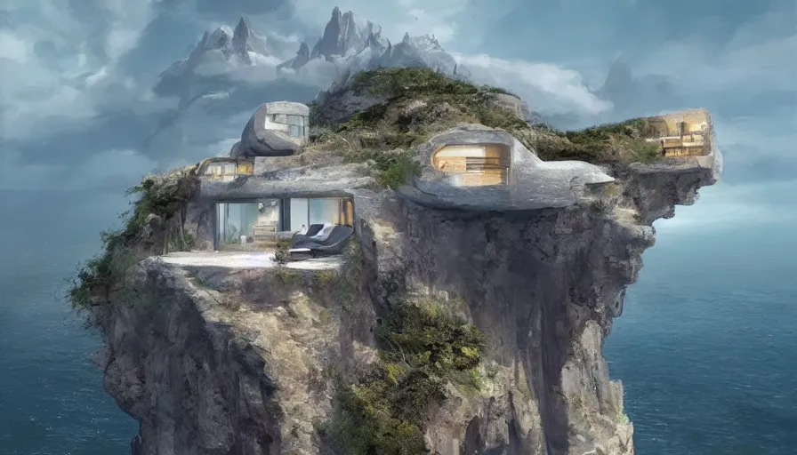 Prompt: modern house perched on a cliff overlooking a magnificient bay, concept art by raphael lacoste