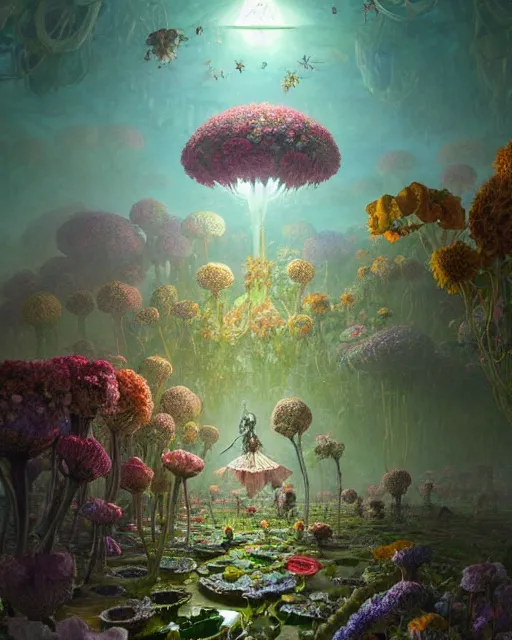 Image similar to the platonic ideal of flowers, sprouting, insects and praying of cletus kasady carnage davinci mandelbulb ponyo alice in wonderland dinotopia watership down, d & d, fantasy, ego death, mdma, dmt, psilocybin, concept art by greg rutkowski and simon stalenhag and alphonse mucha