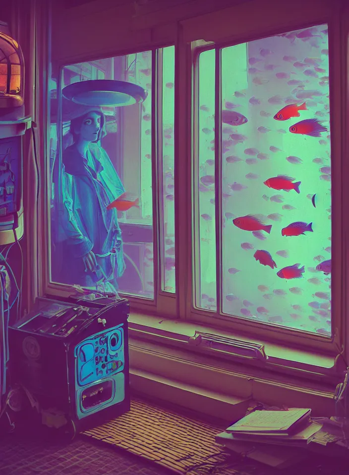 Image similar to telephoto 7 0 mm f / 2. 8 iso 2 0 0 photograph depicting the feeling of chrysalism in a cosy safe cluttered french sci - fi ( art nouveau ) cyberpunk apartment in a pastel dreamstate art cinema style. ( office with ) ( ( fish tank ) ), ambient light.