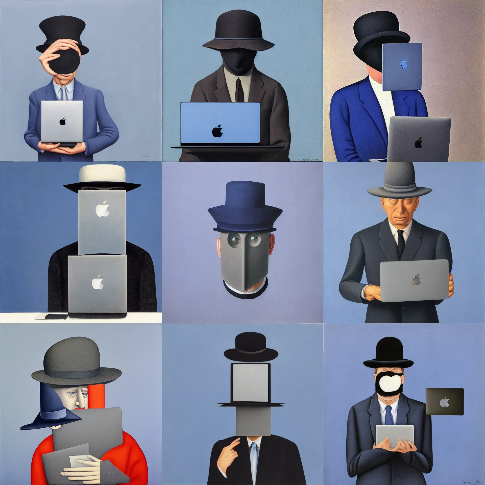 Prompt: front view portrait of a man with a macbook laptop covering his face, wearing a hat, blue / grey background, painted by rene magritte