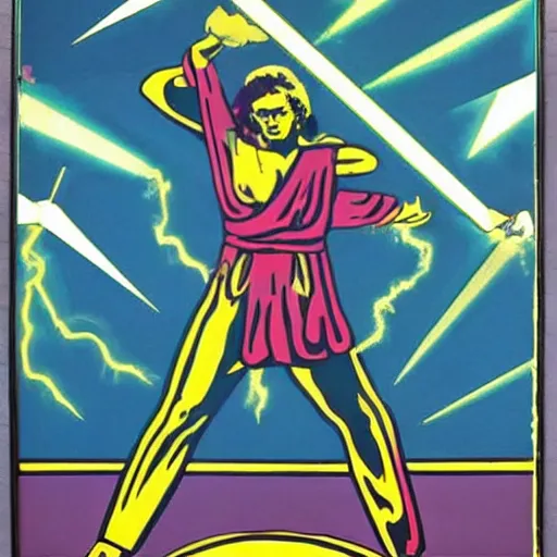 Image similar to zeus throwing lightning bolts, smiting, portrait, 70s pop art