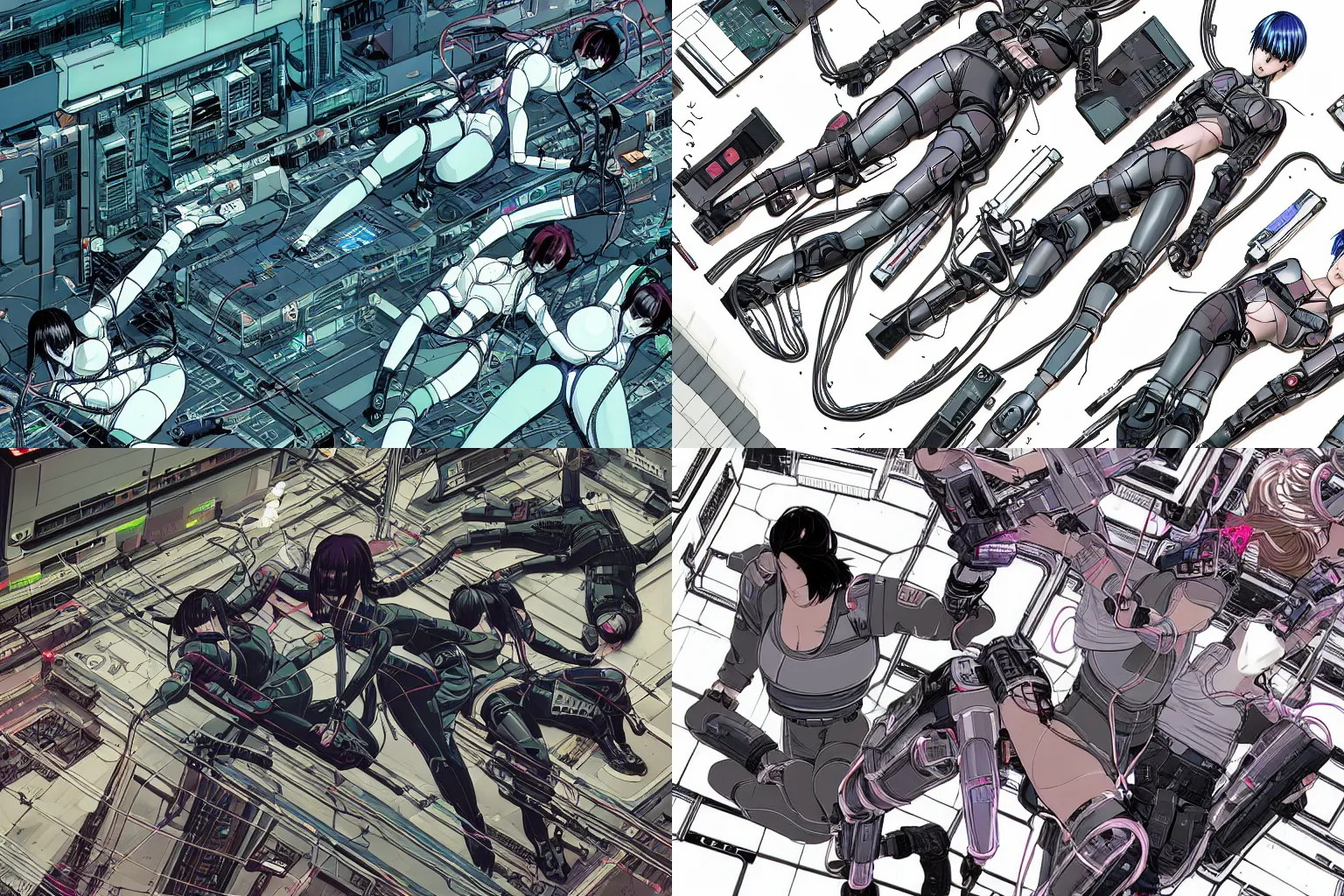 Prompt: a cyberpunk illustration of a group of three female androids in style of masamune shirow, lying on an empty, white floor with their bodies rotated in different poses and cables and wires coming out, by yukito kishiro and katsuhiro otomo, hyper-detailed, intricate, view from above