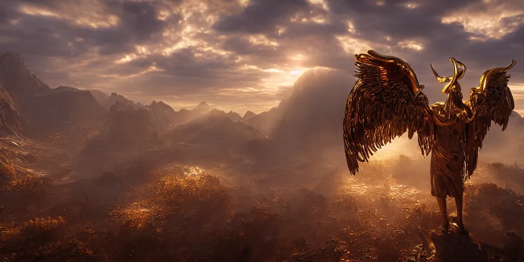 Image similar to bird wings, gold ram horns, copper goat skulls, grand imposing powerful sculpture. swirls of mist. sunrise, intense light beams, lens flare. occult photorealism, uhd, amazing depth, volumetric lighting, cinematic lighting. epic landscape.