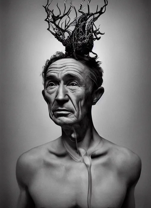 Prompt: a portrait of woody guthrie by erwin olaf and nekro borja, photorealistic, intricate details, hyper realistic, dark fantasy, rococo onyx headpiece, crystals, photorealistic, canon r 3, photography, symmetrical features, symmetrical pose, wide angle shot, head to toe, standing pose, feet on the ground