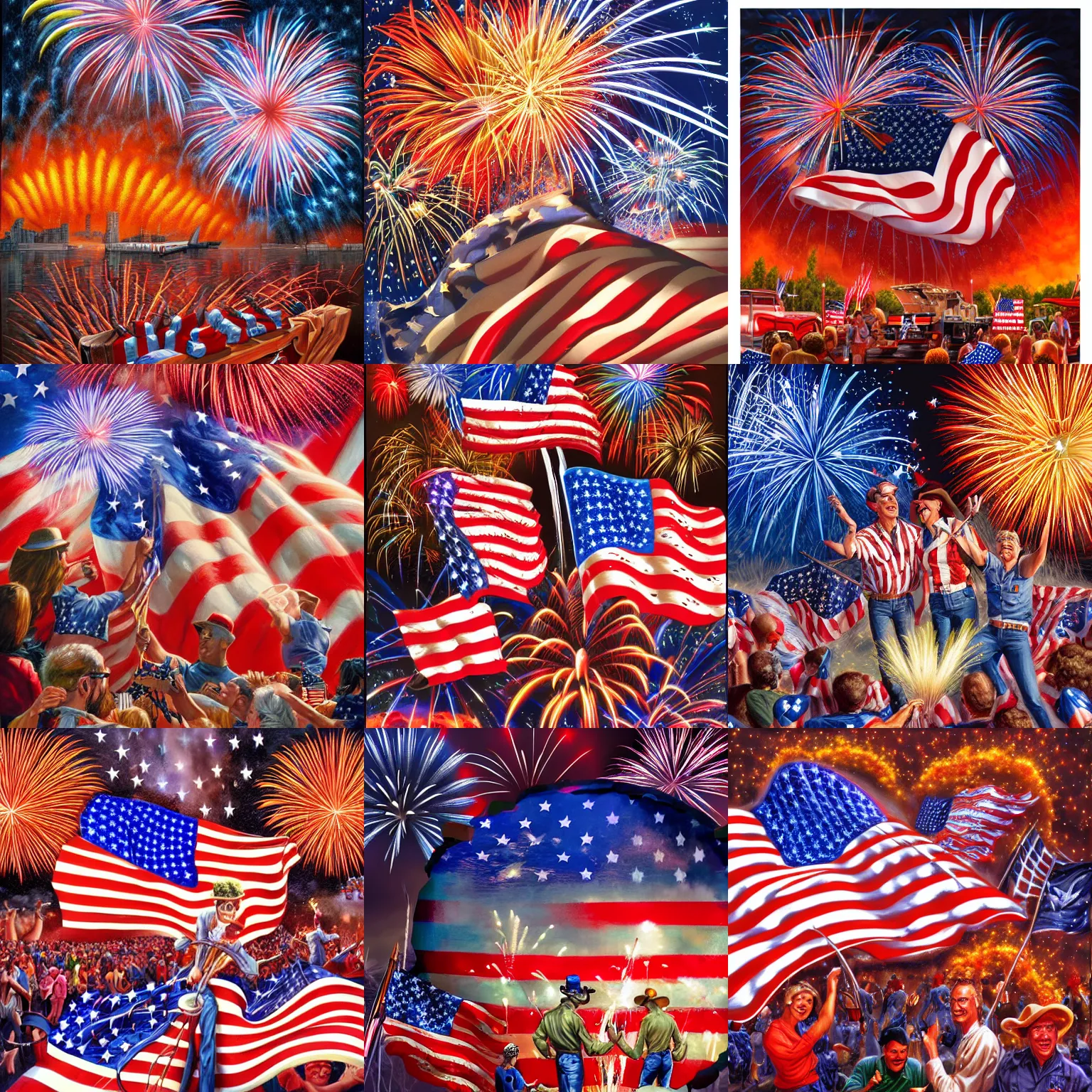 Prompt: 4th of July, Fireworks, BBQ, USA by Joe Jusko, rendered in hyperdetailed Ultra HD, trending on ArtStation, luminous