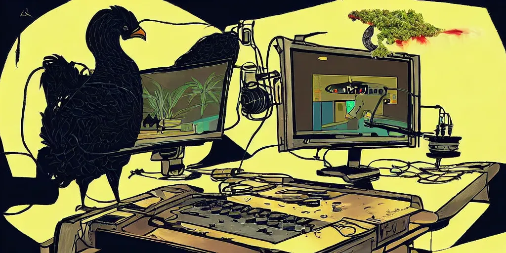 Image similar to 'black chicken'!!! smoking 'cannabis'!!!!!! in front of 'audio console'!!!! and 'multi monitors'!!!! 'in a hi-tech tv broadcasting studio'!!!!, artwork by James Gilleard