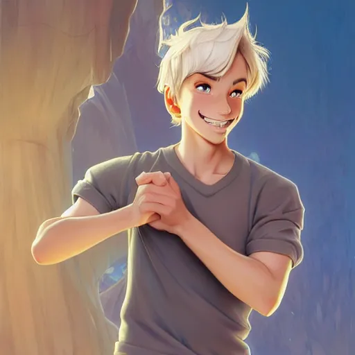 Image similar to young man with short, ash blond greyish hair, happy and smiling, path traced, highly detailed, high quality, digital painting, by don bluth and ross tran and studio ghibli and alphonse mucha, artgerm, sylvain sarrailh