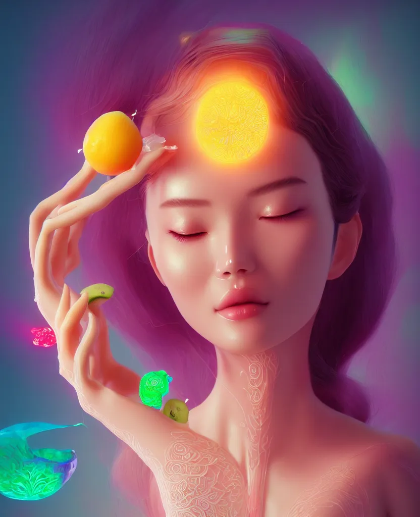 Prompt: goddess close - up yougurt girl, mango fruit, kiwi fruit, mango fruit bioluminiscent, intricate artwork by tooth wu and wlop and beeple. octane render, trending on artstation, greg rutkowski very coherent symmetrical artwork. cinematic, hyper realism, high detail, elegant, octane render, 8 k