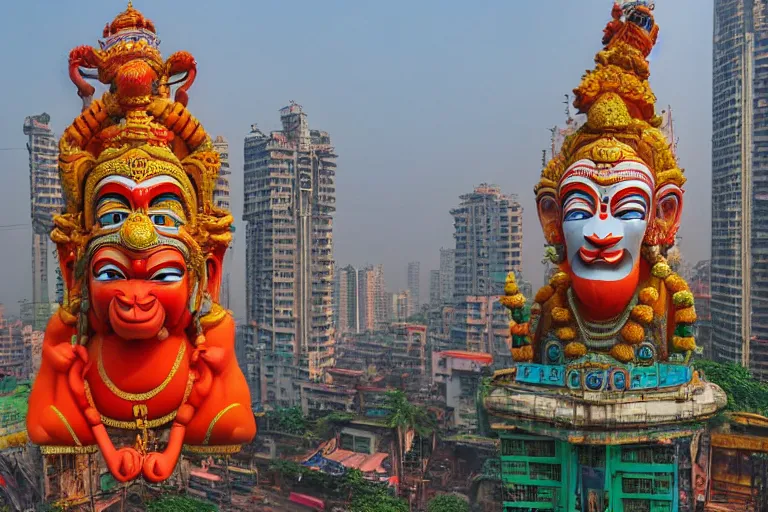 Image similar to high quality 3 d dreamscape biomorphic hanuman head building in the middle of mumbai!!, kalighat highly detailed, cinematic smooth, stephen shore & john j. park, soft morning light, wide shot, high angle, uhd 8 k, deep focus