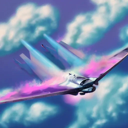 Prompt: mig - 2 5 flying above vaporwave clouds, vaporwave art