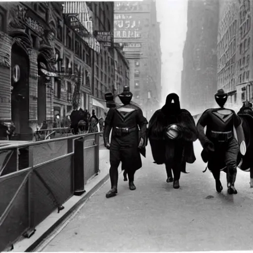 Image similar to old black and white photo, 1 9 1 3, depicting masked superheroes walking through the bustling streets of new york city, historical record