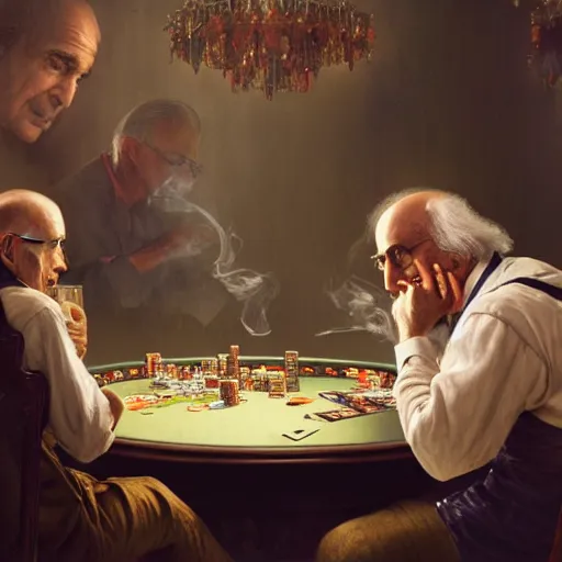 Prompt: a photo of larry david playing poker while smoking highly detailed, dim volumetric lighting, 8k, post-processing, soft painting, trending on artstation, concept art, smooth, sharp focus, illustration,by Tom Bagshaw and Daniel Gerhartz and Albert Aublet and Lawrence Alma-Tadema and alphonse mucha