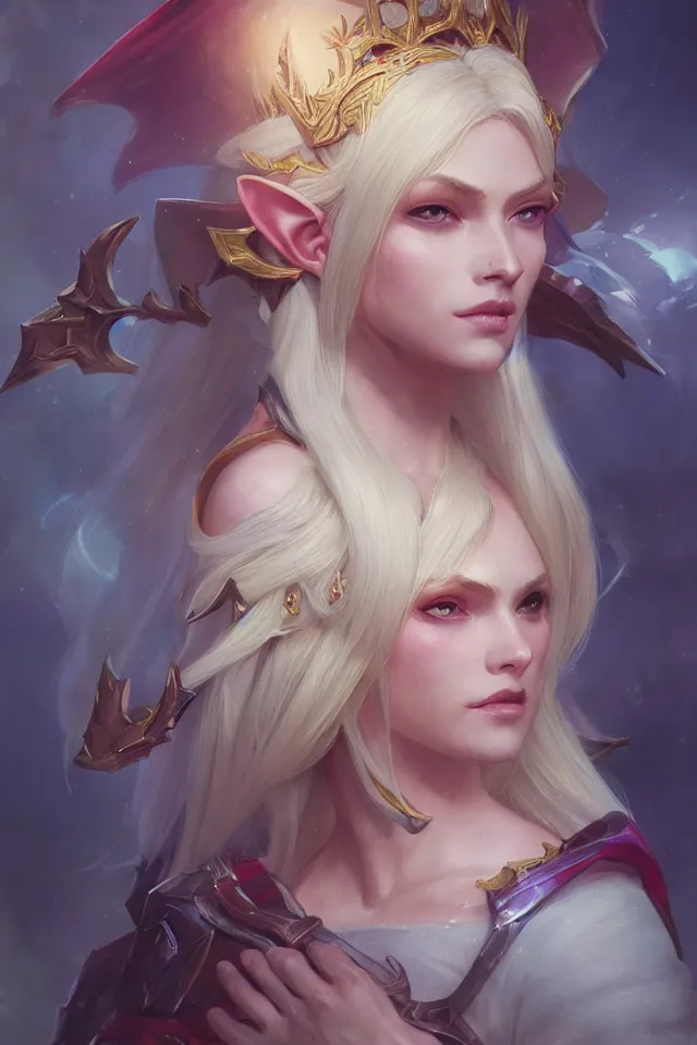 Prompt: Portrait of Beautiful blonde elf queen with opal eyes and elf ears, league of legends, LOL, fantasy, digital painting, artstation, concept art, sharp focus, illustration, art by greg rutkowski and alphonse mucha