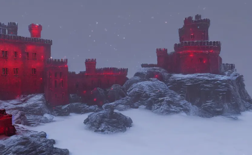 Prompt: Red Castle in Game of Thrones besides the sea in the snowstorm at night, doomy, Unreal Engine, cinematic photography, highly-detailed, games of thrones, HBO, high resolution, 8k, photorealistic, stunning volumetric lighting