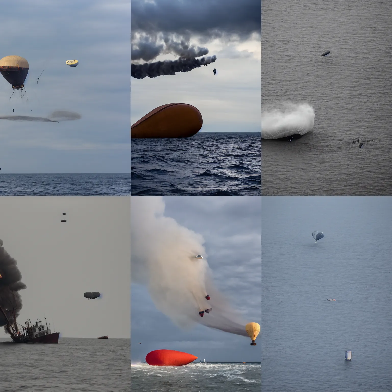 Prompt: two blimps crashing against each other over a sinking ship, disaster photography, 4k, high quality