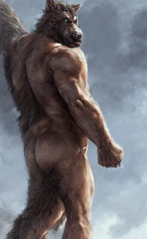 Image similar to hyperrealistic, Portrait of a rugged werewolf, male, muscular, detailed face, bare thighs!!!, simple clothing!!!!!, fantasy, medieval, highly detailed, cinematic lighting, digital art painting by greg rutkowski