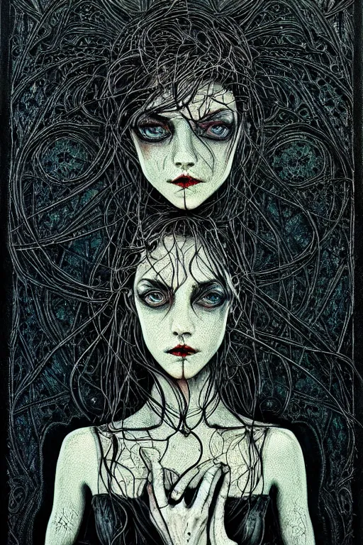 Image similar to dreamy gothic girl, nice long black leather, detailed acrylic, grunge, intricate complexity, by dan mumford and by alberto giacometti, peter lindbergh