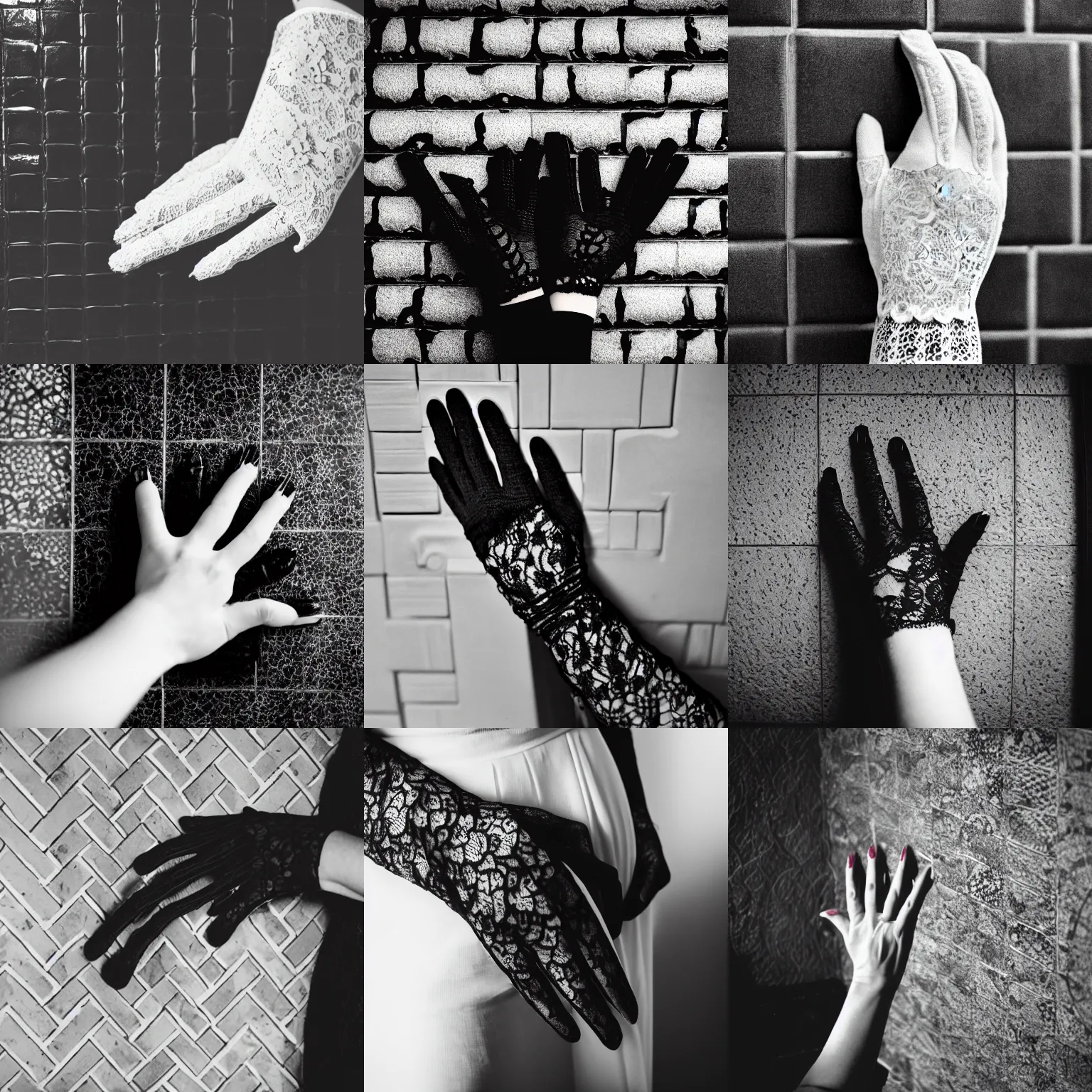 Prompt: a vintage photo of the hands of a woman wearing black lace gloves leaning on a bathroom wall tiles, close up, fujifilm, 3 5 mm, black and white photograph