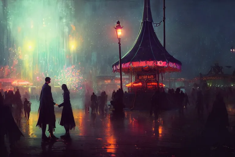 Image similar to two people find love at the witchlight carnival travelling temporary small amusement park, fireworks romantic, night time, high octane filter, 8 k, highly detailed, digital painting, concept art, matte, art by ruan jia and wlop and greg rutkowski and makoto shinkai, masterpiece