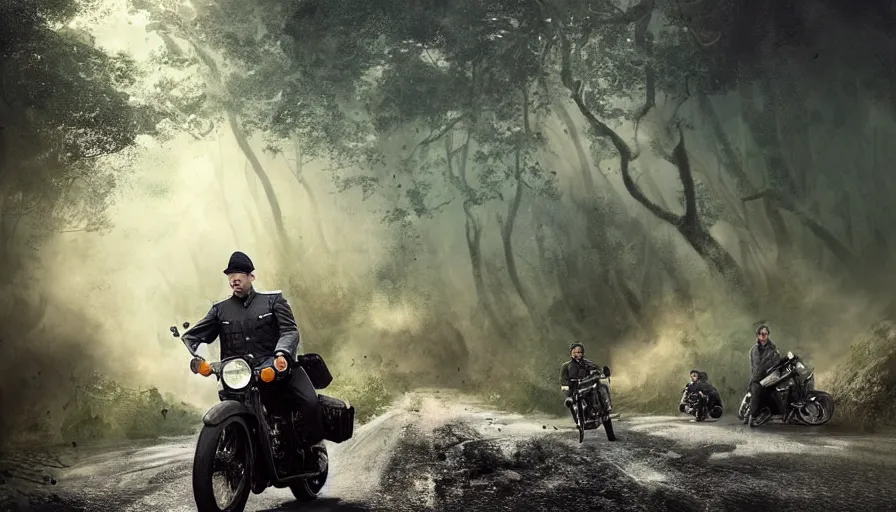 Image similar to a british officer driving a motorcycle alone in 1921 in kerala forest road, local people chasing to attack, furious action scene, chase, an epic fantasy, dramatic lighting, cinematic, establishing shot, extremely high detail, photorealistic, cinematic lighting, artstation, by christopher nolan, horizon forbidden west