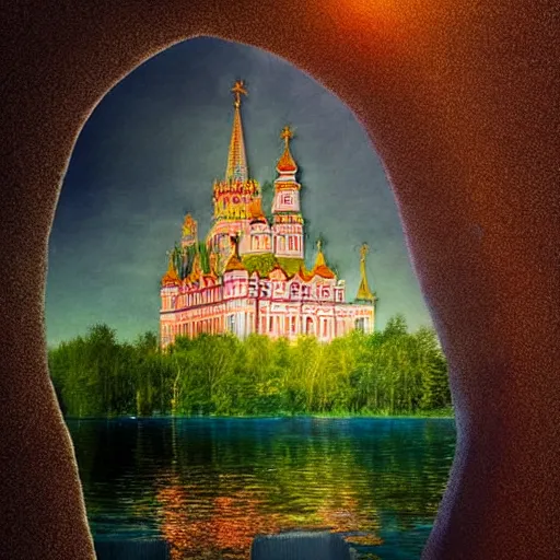 Prompt: underwater castle with kremlin spires, pastel colors, bright landscape, fairytale, dreamy light, complementary palette, floating particles, by jacek yerga and jesse king, bokeh, detailed