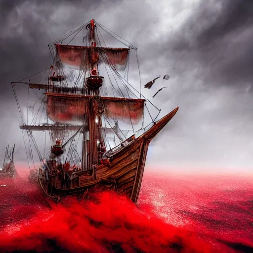 Prompt: A pirate ship sailing through a sea of blood, detailed, cloudy, foggy, lights, realistic,