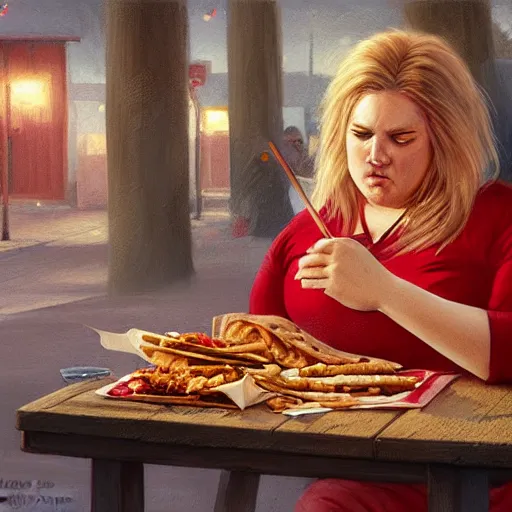 Prompt: portrait of a blonde chubby woman eating kebab, light stubble with red shirt ,digital art,photorealistoc,art by greg rutkowski,hyperdetailed,western comic style,comic,comic style,sharp lineart,professional lighting,deviantart,artstation,trevor henderson,rossdtaws,cinematic,dramatic