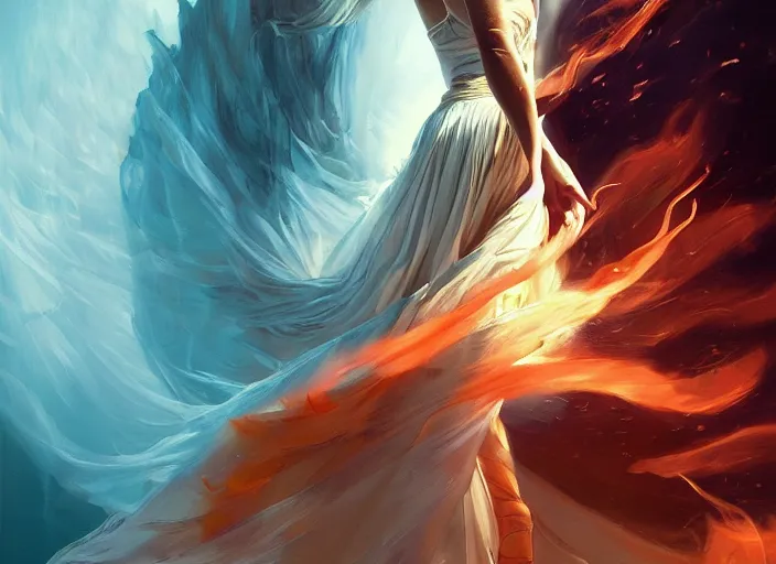 Image similar to a dancer wearing a flowing gown, engulfed in a whirling fire tornado firestorm, emitting smoke and sparks, fantasy, cinematic, fine details by realistic shaded lighting poster by ilya kuvshinov katsuhiro otomo, magali villeneuve, artgerm, jeremy lipkin and michael garmash and rob rey