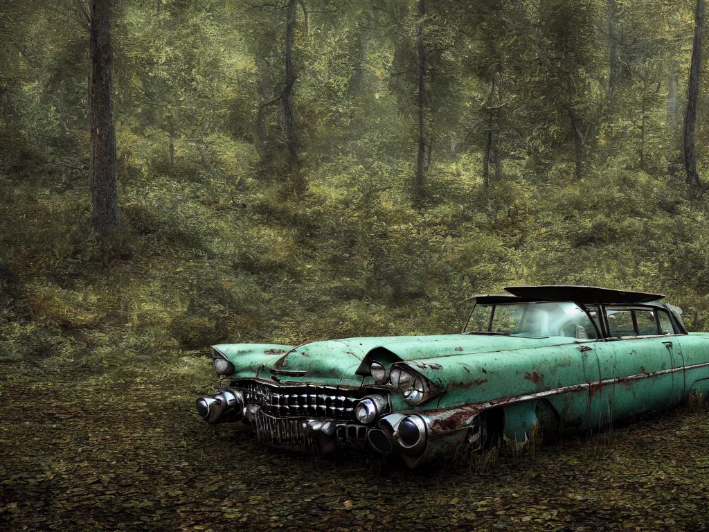 Image similar to an abandoned rusty and partly moss - covered cadillac coupe deville 1 9 5 9 in a forest clearing in the evening light, 1 6 mm wideangle lens, volumetric lighting, octane render, artstation