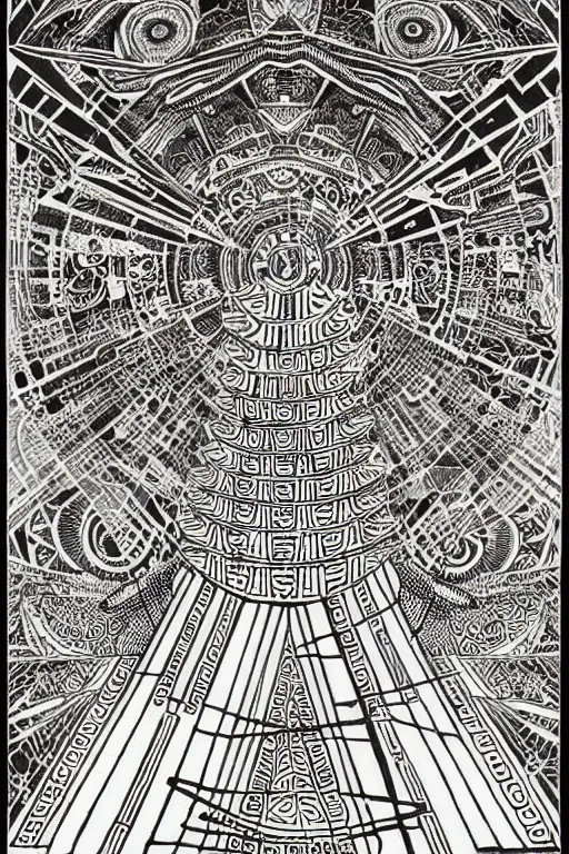 Prompt: a black and white drawing of an ancient temple mandala, a detailed mixed media collage by hiroki tsukuda and eduardo paolozzi and moebius, intricate linework, sketchbook psychedelic doodle comic drawing, geometric, street art, polycount, deconstructivism, matte drawing, academic art, constructivism