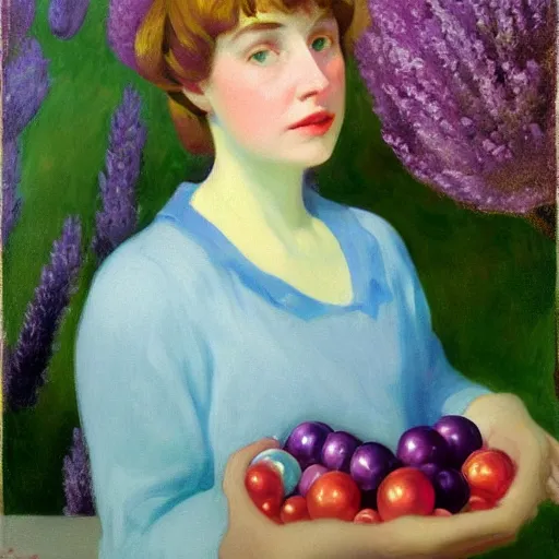 Prompt: a girl with three eyes on 5 translucent luminous spheres, full of floral and berry fillings, in an ocean of lavender color by edward hopper