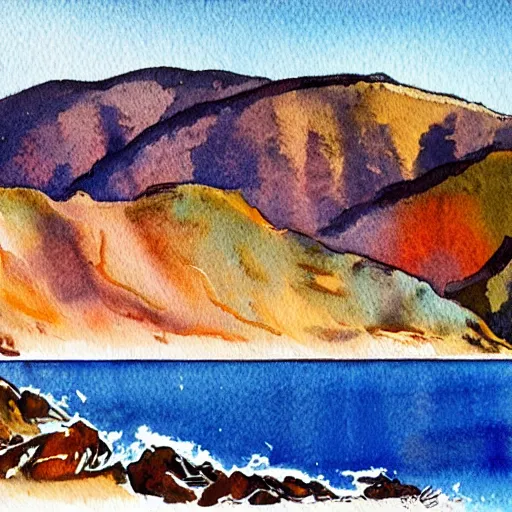 Image similar to a beautiful watercolor and pen painting of the california coastline