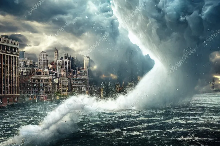 Prompt: destructive water tornado in the city, photorealistic, highly detailed, sharp focus, vivid, colorful, symmetrical, random, convoluted, mind - blowing, creative, fully functional, end of the world