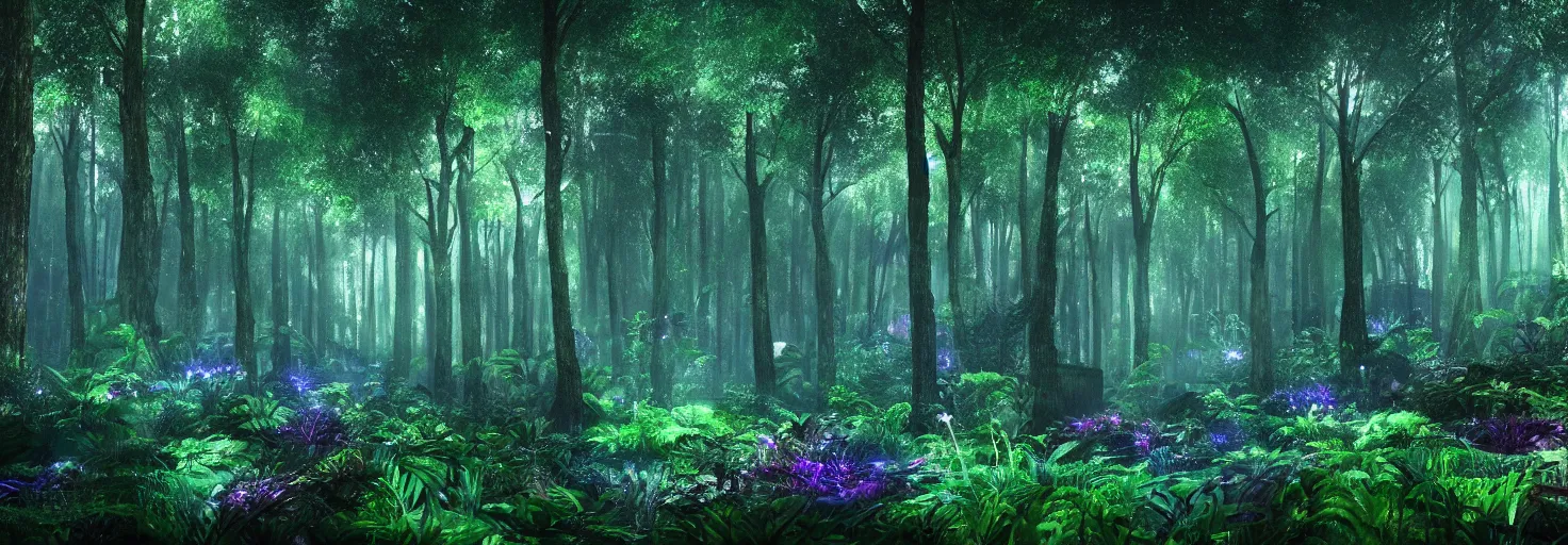 Image similar to a forest, plants glowing at night, wide shot, cinematic, ultra realistic, ultra detailed, in style of avatar movie