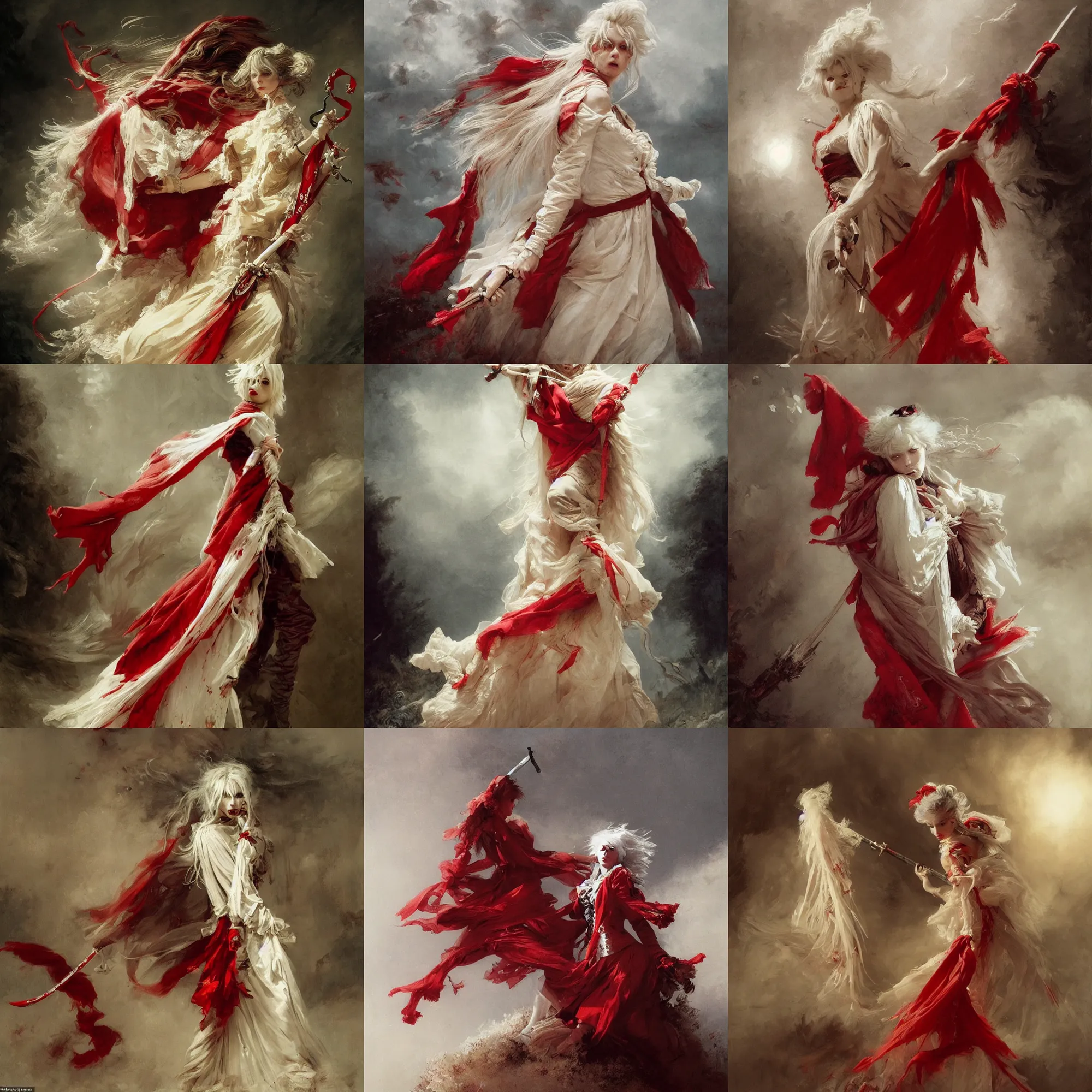 Image similar to a vampire with long light white hair and a red scarf, windy, ribbons, melancholic, modern maximalist fashion dress, is ( ( holding a sword ) ). light dust, magnificent, hyperdetailed, theatrical, painted by jean honore fragonard and greg rutkowski